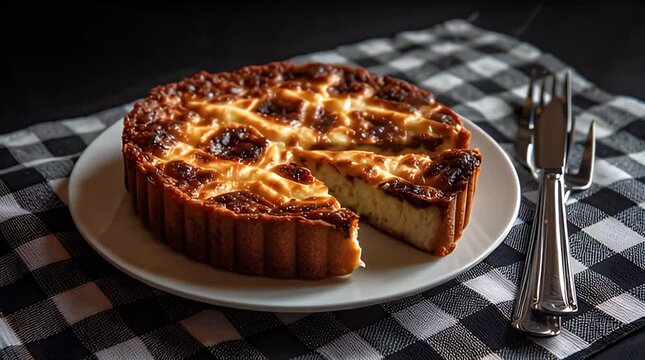 A freshly baked dessert rests on a white plate with a slice removed. A fork sits adjacent, all on a checkered fabric