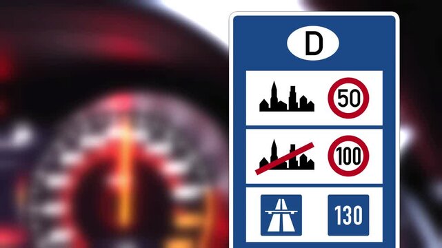 Speedometer in a car and a sign with information about the speed limits in Germany