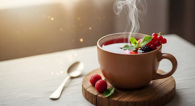 cup of hot strawbery with mint