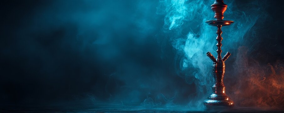 Ornate hookah with blue and orange smoke on dark background