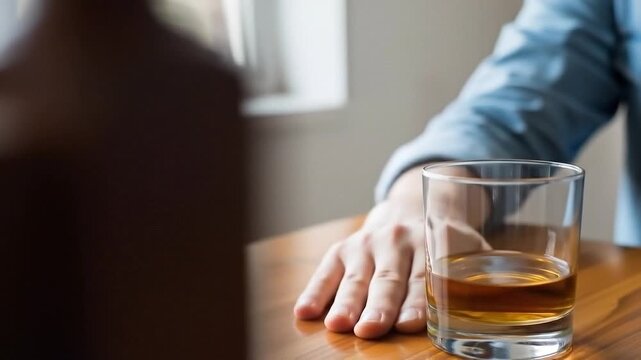 Person holding up hand to refuse glass of alcohol on wooden table indoors