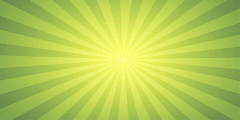 An abstract green vector background featuring a bright sunburst pattern with radial yellow light rays and a glowing orange starburst explosion design for a summer sunrise wallpaper backdrop