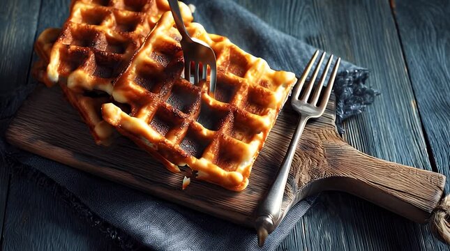 A stack of golden, freshly-baked waffles is arranged on a wooden board with two forks and a cloth. A dark wood background