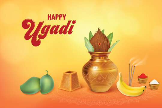 Ugadi Festival Celebration Background On Orange Bacground. Telugu and Kannada New Year Festival Vector Illustration. Indian Hindu Festival Concept For E-commerce Sale, Greetings, Poster, Banner.