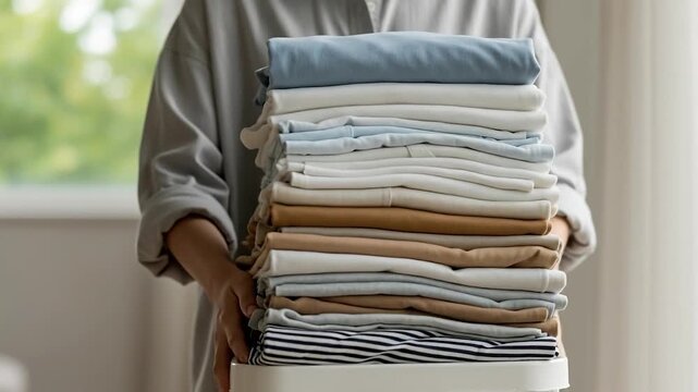 Person holding a stack of neatly folded clothes in various colors and patterns