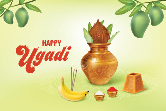 Ugadi Festival Celebration Background On Green Bacground. Telugu and Kannada New Year Festival Vector Illustration. Indian Hindu Festival Concept For E-commerce Sale, Greetings, Poster, Banner.
