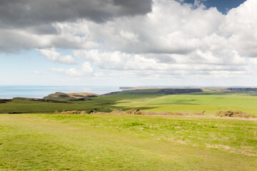 Fototapeta premium Wide Coastal Landscape With Rolling Green Fields, Sea View, And Dramatic Cloudy Sky