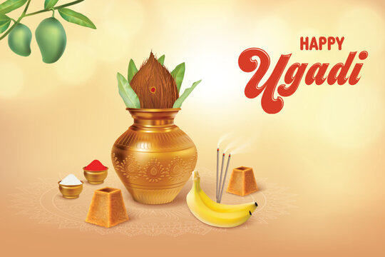 Ugadi Festival Celebration Background On Beige Bacground. Telugu and Kannada New Year Festival Vector Illustration. Indian Hindu Festival Concept For E-commerce Sale, Greetings, Poster, Banner.