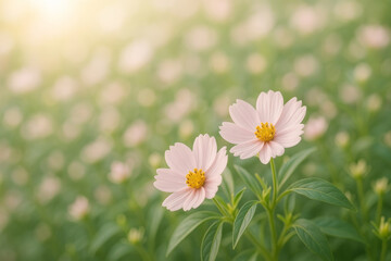 Cosmos flower pink flower spring green leaf sunlight garden bloom bokeh, delicate petals in soft focus meadow, fresh flowers and green leaf background with warm morning light