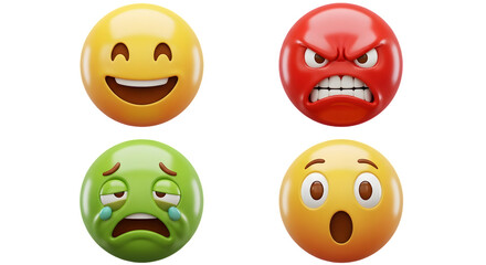 Four diverse 3D rendered emoji icons representing distinct human emotions clearly.