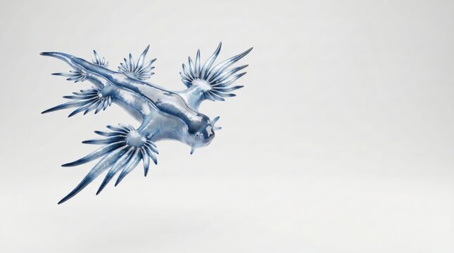 A detailed close-up of a vibrant blue dragon sea slug, Glaucus atlanticus, showcasing its unique form and color against a clean white background.