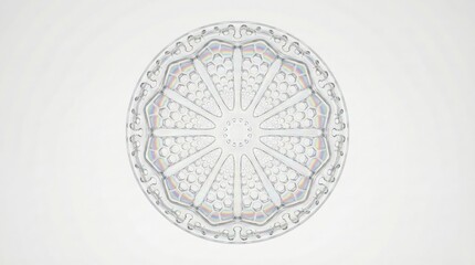 Fototapeta premium Intricate circular symmetrical pattern with radial design elements on a light background.