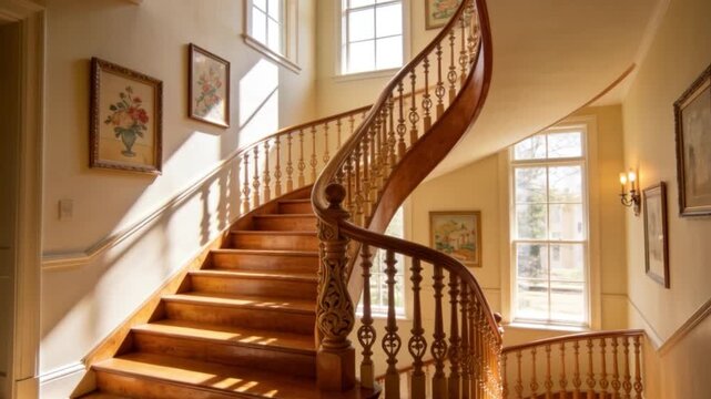 An elegant wooden staircase with a classic handrail serves as the architectural centerpiece of a modern home interior, featuring polished steps that lead from the entrance hallway toward a bright wind