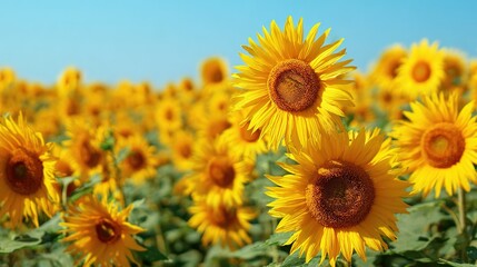 Golden Sunflowers: A vibrant field of sunflowers basks in the sunlight against a bright blue sky, the warm colors and intricate details of nature.