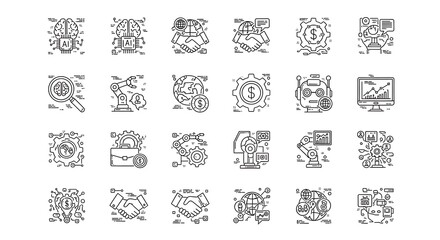 Set of various business and technology icons with gears graphs and symbols on a white background for design and presentation