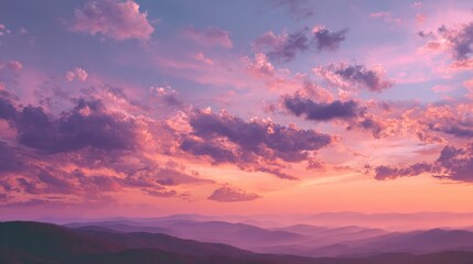 Obraz premium Sunset Serenity: A mesmerizing canvas of hues paints the sky, with clouds morphing into a symphony of colors, as the sun descends, casting a warm glow over a distant mountain range, inviting peace.