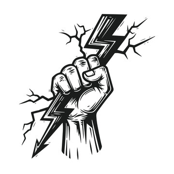 A powerful clenched fist holds a lightning bolt, symbolizing energy, strength, and revolution against a cracked background