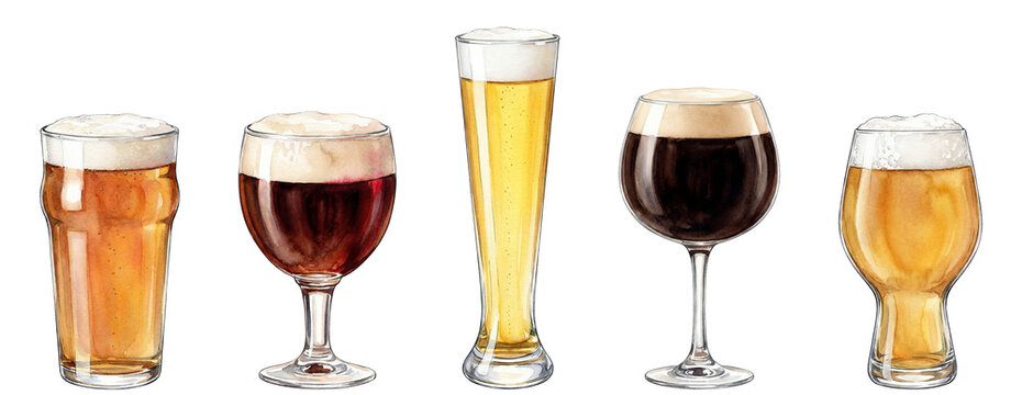 watercolor beer glass collection: pale ale, brown ale, pilsner, stout, and belgian tripel; isolated illustration