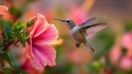 Obraz premium Hummingbird hovers near a vibrant pink hibiscus flower in a lush garden with blurred background