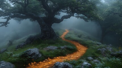 Obraz premium Pathway through forest illuminated with golden light