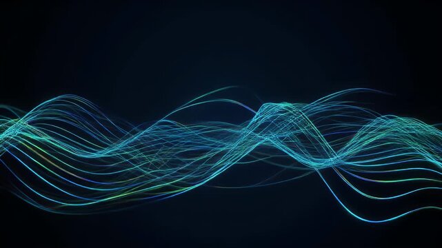 An abstract image featuring flowing, luminous blue-green lines against a dark backdrop. The lines appear to undulate creating a sense of movement