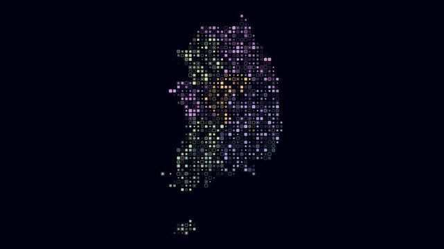 Republic of Korea animated country shape. Pulsating colored dots on the map of the country. Small size rounded square blocks. Digital style Republic of Korea map on dark background.