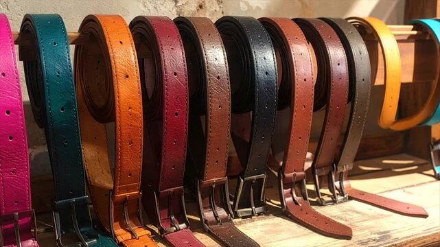 A vibrant array of leather belts in various colors hang on display