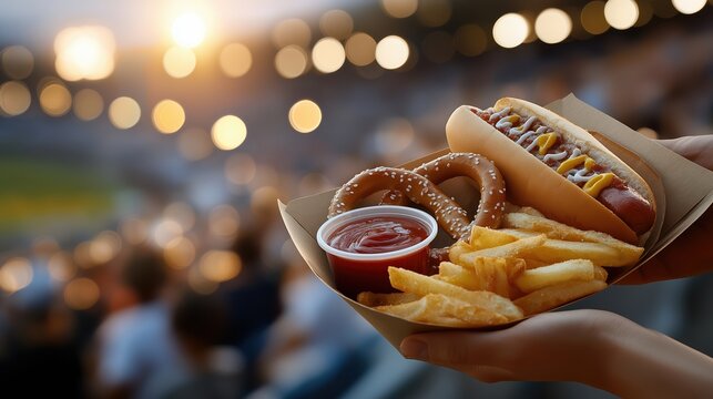 Hands holding a tray of stadium food with a hot dog and pretzel. Classic sports snacks including french fries and dipping sauce. Blurred arena background at sunset