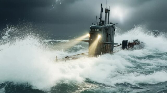 Giant Kraken attacking a military submarine during a violent thunderstorm