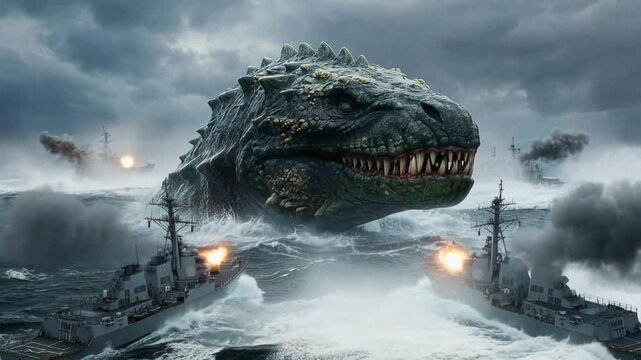 Gigantic Kaiju Monster Attacking Warships in Dark Stormy Sea