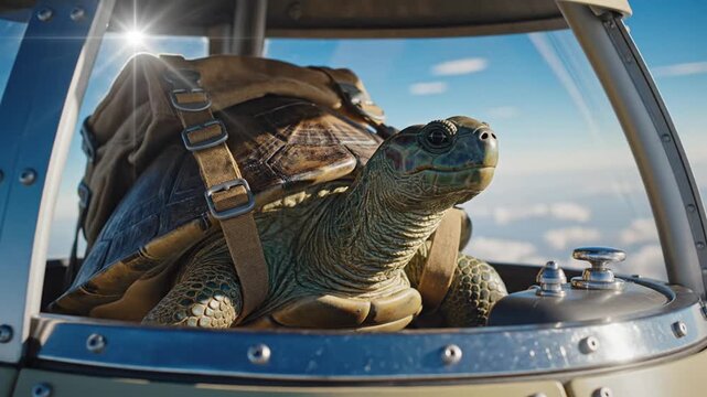 A turtle pilot flies through the sky conceptual adventure illustration