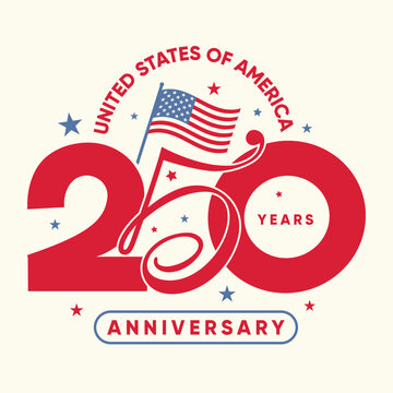 USA 250th Anniversary Celebration banner with American Flag and Patriotic Typography for 1776-2026 Semi quincentennial Independence Day. Number 250 modern and stylish lettering design vector template.