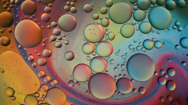 An abstract macro image of floating oil droplets of different sizes and hues, against a swirled background of layered colors