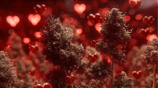 An artistic composition showcases heart-shaped bokeh and textured, plant-like forms in a deep, reddish hue, romantic and thematic