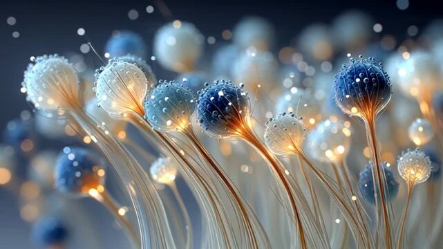 Close-up view of glowing blue and white dandelion-like flowers with long stems against a dark background with bokeh lights.