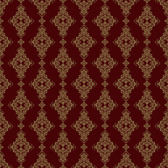 Luxury seamless damask pattern with classic floral ornaments in gold on deep red background. Elegant vintage style ideal for wallpaper, textile, fabric, upholstery, and interior decor.