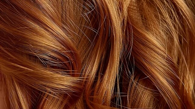 Close-up view of vibrant auburn hair strands with a mix of dark and light brown tones.