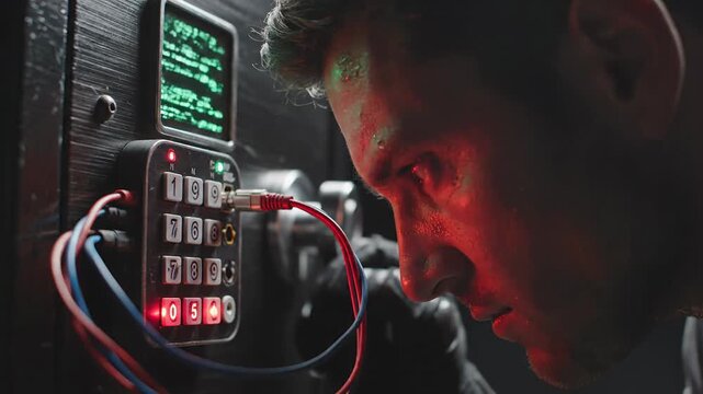 Man in gloves disarming bomb with keypad and wires, intense focus, close-up