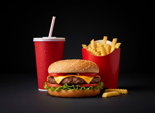 Juicy hamburger and crispy French fries on dark backdrop