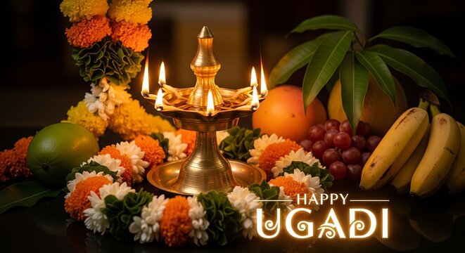 Ugadi festival celebration with traditional lamp and fresh fruits on dark background