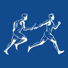Obraz premium Dynamic illustration of two male athletes executing a seamless baton pass during an intense relay race, showcasing teamwork and speed