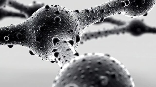 Close-up view of interconnected neurons with synapses in a grayscale microscopic image against a plain background.