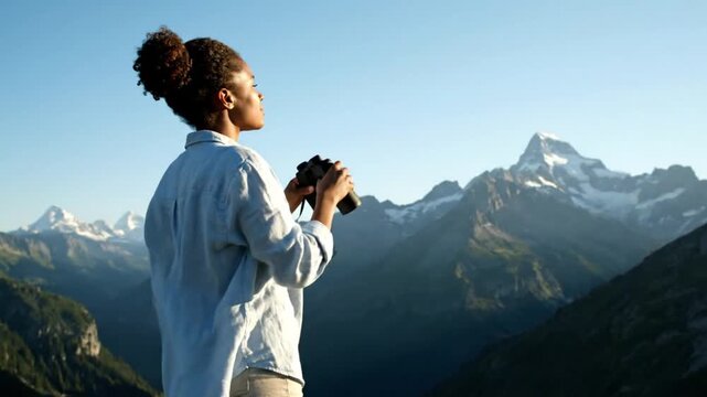 Young African American woman hiker looking through binoculars at majestic mountain peaks during golden hour sunset in the Swiss Alps wilderness.