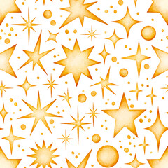 Obraz premium Watercolor hand drawn gold stars and flashes seamless pattern isolated on white background. Shiny Christmas winter decoration yellow stars, dots, glitter. Clip art elements for starry sky. New year