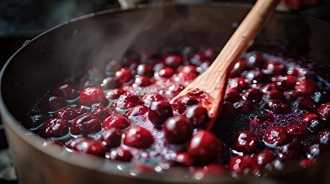 A close-up view of steaming cherries being stirred in a pot with a wooden spoon. The juicy fruit simmers