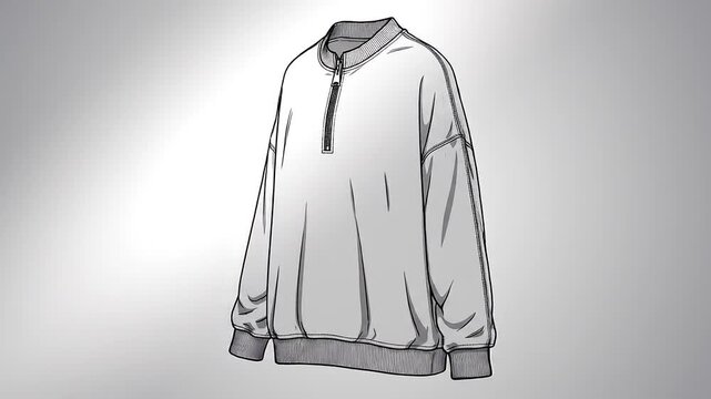 Fashion Design Technical Drawing: Pullover Sweatshirt with Zip Mock Neck and Relaxed Fit