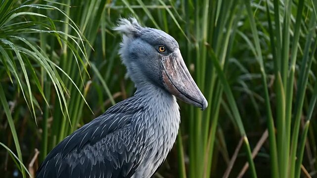A shoebill stork with its distinctive large bill and grey feathers stands among tall green reeds in a wetland habitat.
