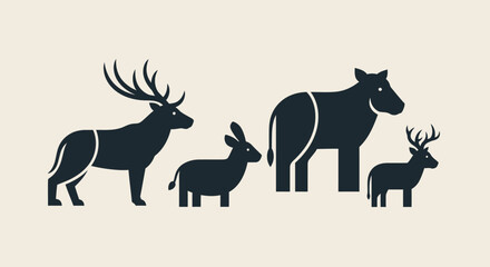 Vector illustration of various wild animals including deer and elephant.