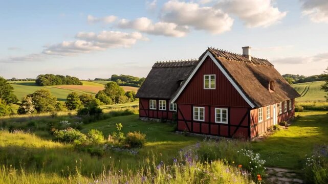 A traditional English country house stands nestled in a rural landscape of rolling green hills and summer gardens, featuring a classic stone cottage architecture under a clear blue sky