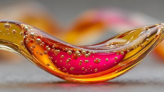 Macro close-up of a translucent orange dental mouthguard with small bumps and a pink interior on a flat surface with blurred background.